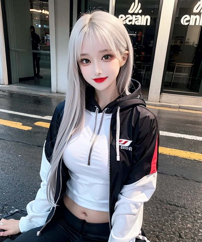 Woman blue hoodie jacket, black thick pant, red lipstick, makeup face, white hair, skinny pant, smile, not Ewaraj,