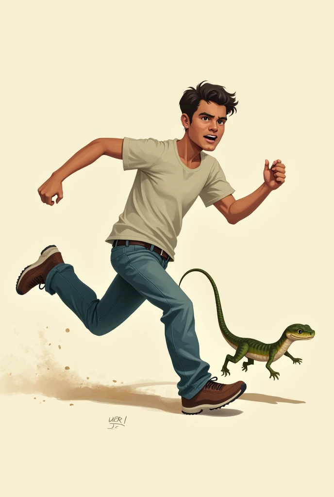 A weak man wearing a T-shirt and jeans chasing a small snake
