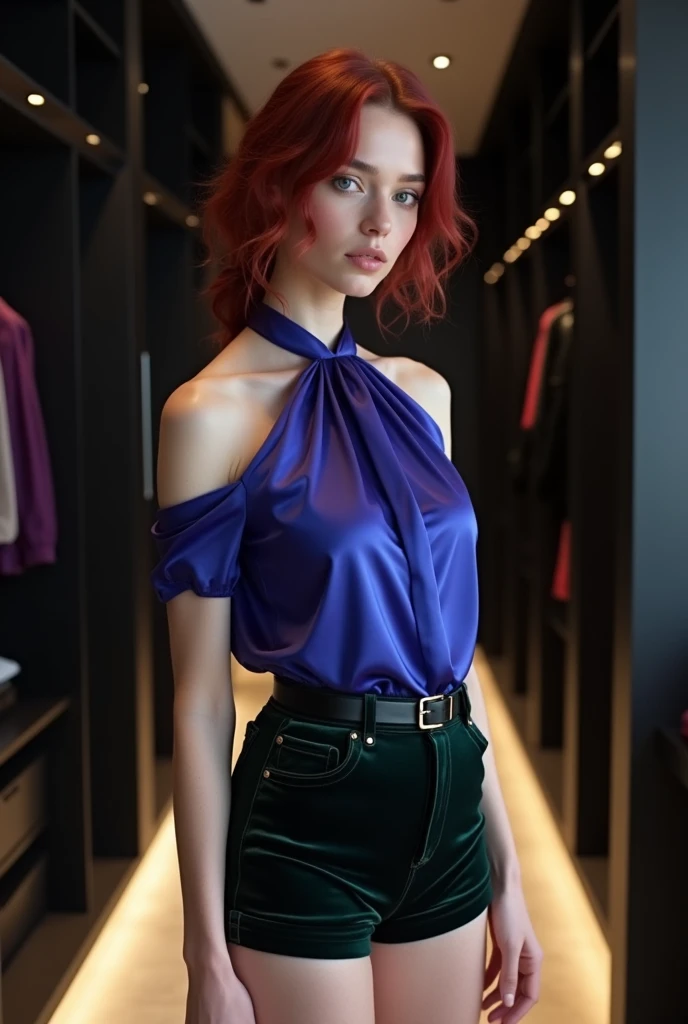 long shot of a short 24-year-old woman with vibrant maroon wavy hair in a low ponytail, very pale skin, and blue eyes. She is wearing a sapphire blue-purple silk short-sleeve halter top that is waist length layered and untucked, with a thick black belt cinched around her waist over the shirt. She also wears black velvet shorts with a green sheen and red wedge sandals. She is standing in a chic, large black walk-in closet with cinematic lighting.