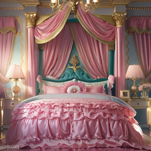 ,highest quality, masterpiece, highest resolution, artwork, super それにget used to it, many get used to it, get used to it, それにget used to it, 3K realistic photos,,((10 year old girl)),Super detailed baby face,She is a princess,Full length ball gown dress with hoop skirt,ruffle yoke collar,puff sleeves,long sleeve,((Lolita style hot pink detailed princess satin dress、Comes with lots of frills and ribbons。)),colorful rococo fashion,shiny satin dress,Soft and smooth fabric,luxury,long blonde hair,blue eyes,white skin european,pajamas,((inside the palace)),,,(( When I was 10 years old)),Super detailed baby face,Full length ball gown dress with hoop skirt,long skirt,ruffle yoke collar,puff sleeves,腰まで伸びるlong blonde hair,blue eyes,white skin european,pajamas,((inside the palace bedroom)),ピンクのシルクサテンのluxuryなcanopy bedの上,canopy bed,Luxurious curtains on both sides of the bed,many frilly pillows on the bed,super detailed background,Detailed bed,romantic atmosphere,little princess is lying on the bed,hug a pink pillow,((((Both legs are hidden in the dress)))),the dress is spread out on the bed,soft pink silk satin comforter,soft silk satin ruffled pillow,Beautiful girl illustration,detailed beautiful face detailed hair,detailed human eye ,detailed mouth, arm details,fine hands,Detailed pillow,
