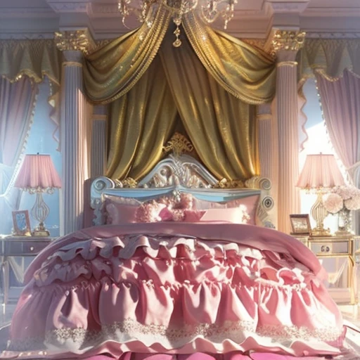 ,highest quality, masterpiece, highest resolution, artwork, super それにget used to it, many get used to it, get used to it, それにget used to it, 3K realistic photos,,((10 year old girl)),Super detailed baby face,She is a princess,Full length ball gown dress with hoop skirt,ruffle yoke collar,puff sleeves,long sleeve,((Lolita style hot pink detailed princess satin dress、Comes with lots of frills and ribbons。)),colorful rococo fashion,shiny satin dress,Soft and smooth fabric,luxury,long blonde hair,blue eyes,white skin european,pajamas,((inside the palace)),,,(( When I was 10 years old)),Super detailed baby face,Full length ball gown dress with hoop skirt,long skirt,ruffle yoke collar,puff sleeves,腰まで伸びるlong blonde hair,blue eyes,white skin european,pajamas,((inside the palace bedroom)),ピンクのシルクサテンのluxuryなcanopy bedの上,canopy bed,Luxurious curtains on both sides of the bed,many frilly pillows on the bed,super detailed background,Detailed bed,romantic atmosphere,little princess is lying on the bed,hug a pink pillow,((((Both legs are hidden in the dress)))),the dress is spread out on the bed,soft pink silk satin comforter,soft silk satin ruffled pillow,Beautiful girl illustration,detailed beautiful face detailed hair,detailed human eye ,detailed mouth, arm details,fine hands,Detailed pillow,