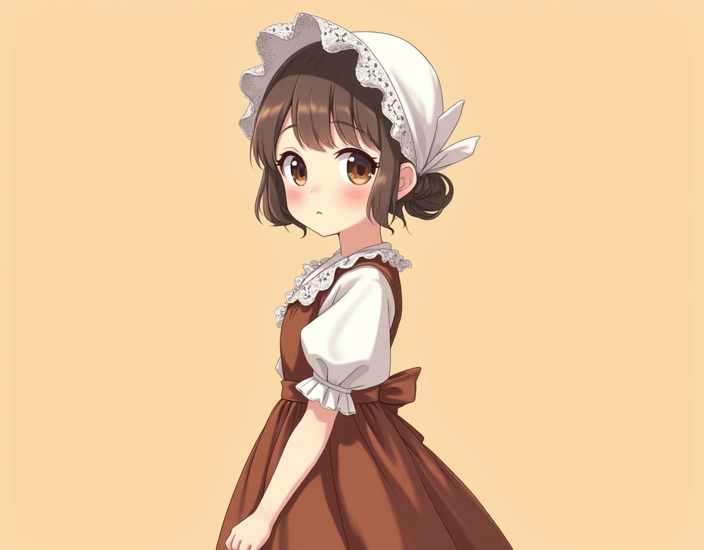 anime girl wearing traditional holland clothing with cute dutch bonnet, plain pale orange background.