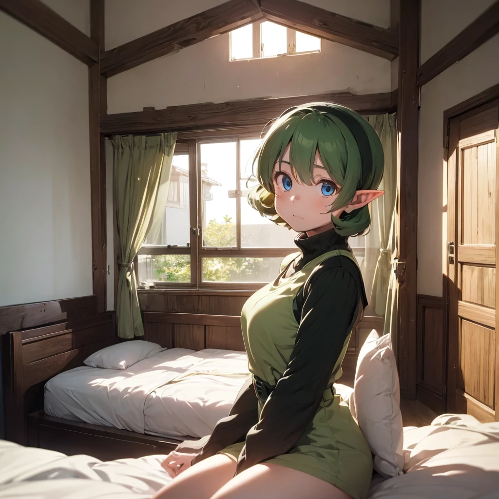 1girl, Bedroom setting, blue eyes, in bed, short and thin Saria has green curly hair, masterpiece, best quality, looking at viewer, concerned expression, saria \(the legend of zelda\), long pointy ears