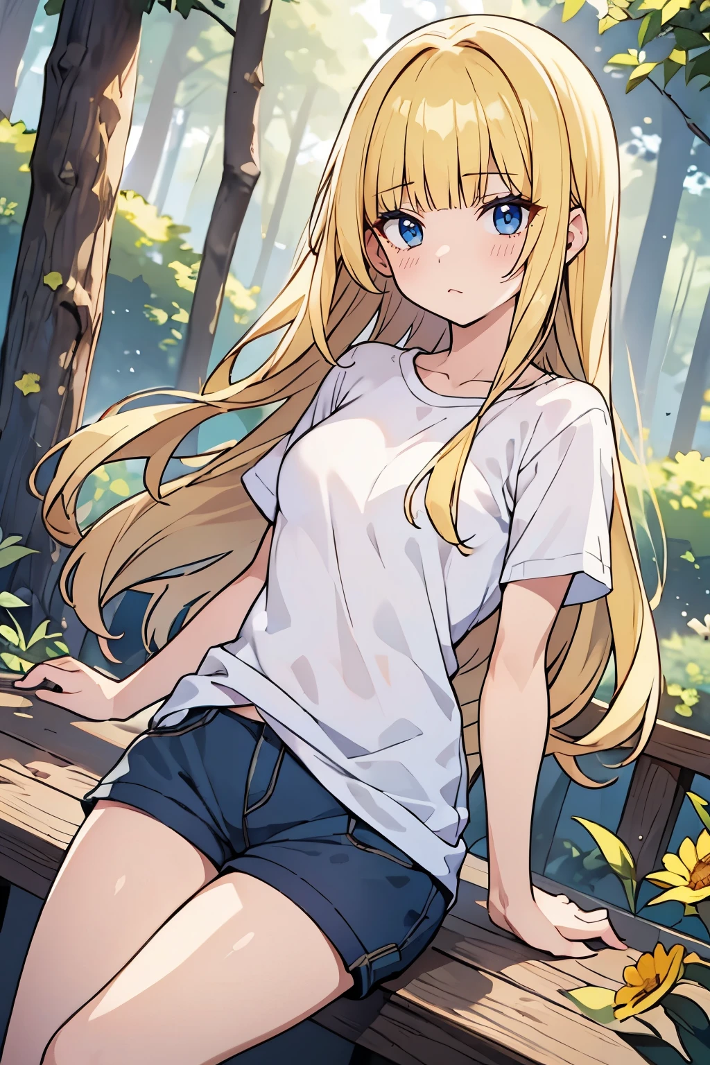 masterpiece, solo girl, (young female body:1.4), (medium small breasts), flustered, yellow golden hair, extra gold long hair, thick wavy hair, hime cut, blunt bangs, crystal blue eyes, light blue detailed eyes, ligh blue boy shorts, long linen shorts, dark green tshirt, short sleeves, forest green shirt, night time, trees and flowers and bushes, town park, knee high socks