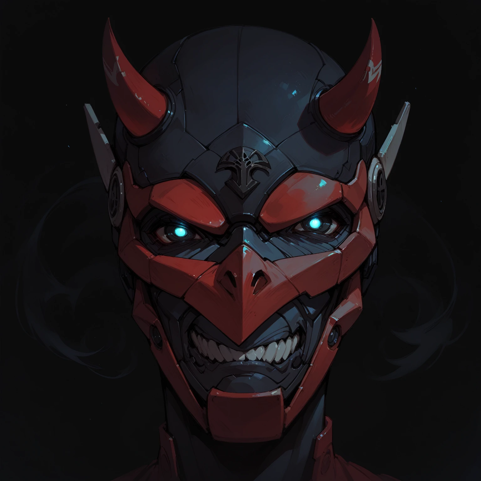 Anime Style,Mechanical Hannya Mask,A woman wearing a Hannya mask,Glowing Eyes、Iron Man Mask,Cover your mouth,Sharp fang design