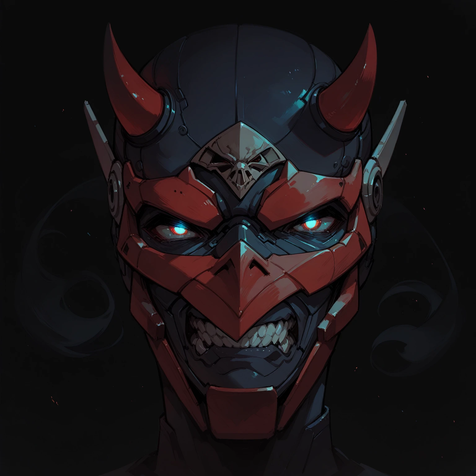 Anime Style,Mechanical Hannya Mask,A woman wearing a Hannya mask,Glowing Eyes、Iron Man Mask,Cover your mouth,Sharp fang design