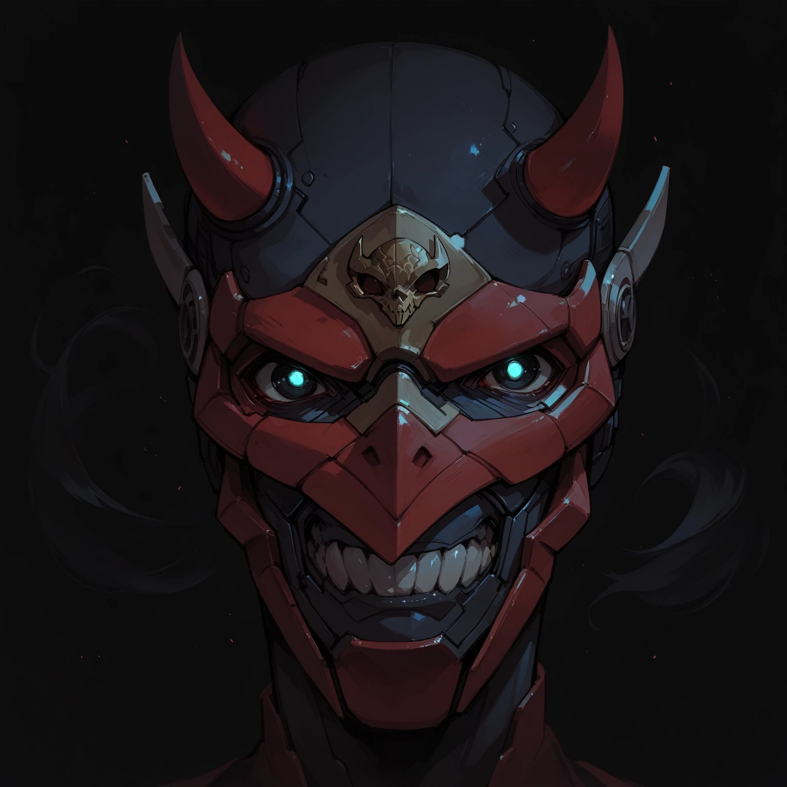 Anime Style,Mechanical Hannya Mask,A woman wearing a Hannya mask,Glowing Eyes、Iron Man Mask,Cover your mouth,Sharp fang design