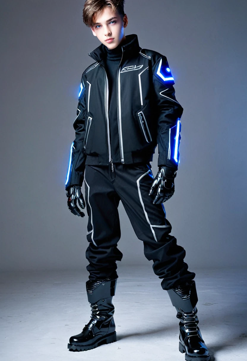 Cyber ​​suit, cyber jacket, cyber gloves, cyber boots, handsome and cool young boy, 18 years old, tall, with sharp eyes