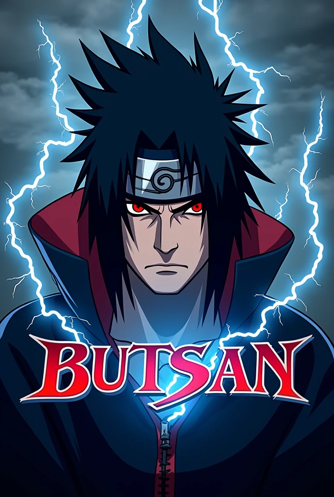 generate logo with character uchiha madara
 lightning and name BUTSAN