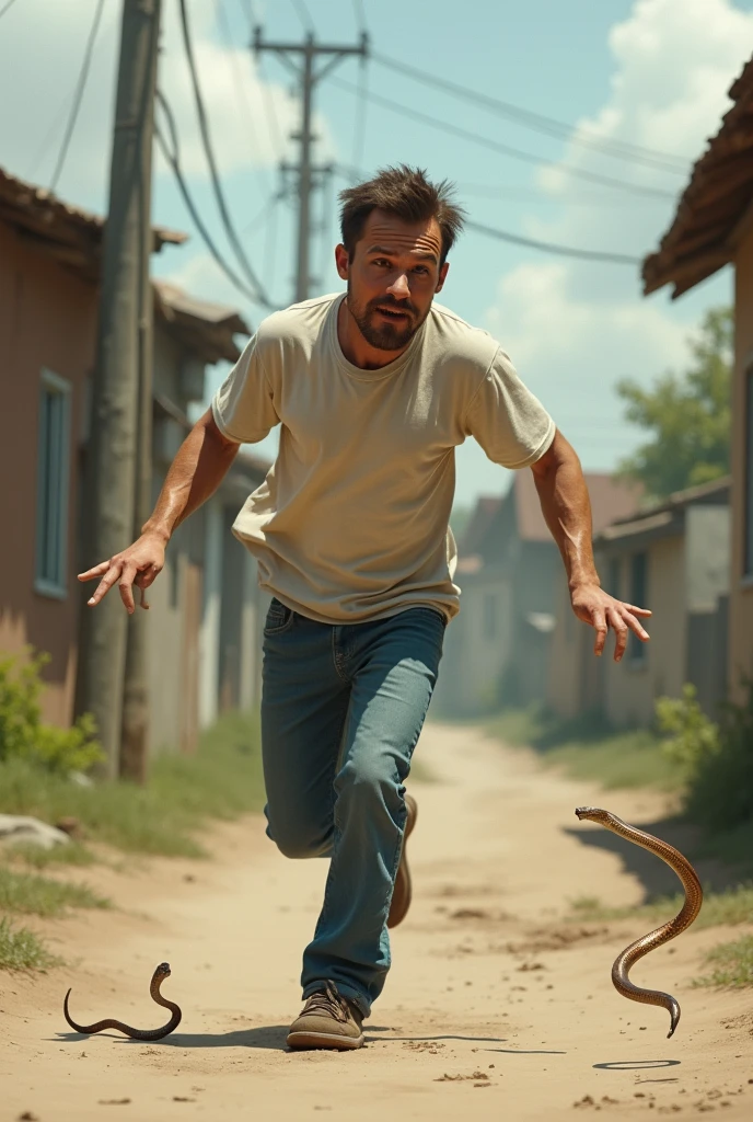 A weak man wearing a T-shirt and jeans chasing a small snake