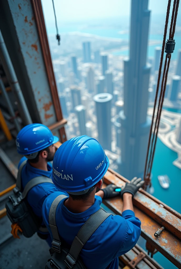 Create a realistic 4K image of the Burj Khalifa under construction, Focusing on the top of the building. The workers at the top should be using Personal Protective Equipment (epis) in blue color, with the name 'URBPLAN' written in white on the helmets. The scene should show the complex work performed at great heights, with metal structures and visible equipment. The image should have predominant colors in shades of blue, highlighting the grandeur of the construction and the safety of the workers