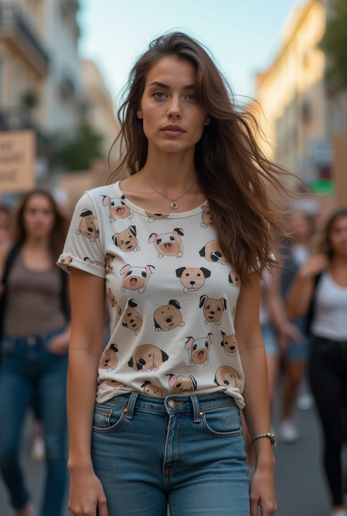 A white adult woman with loose brown hair, wearing a shirt with a puppy print and jeans, fighting for animal rights.
