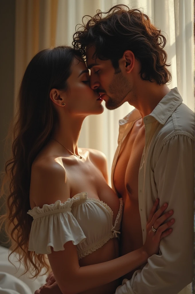 A ladie's navel was kissed by a man
