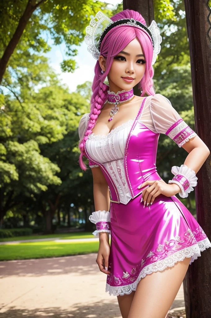 (nsfw), sexy stylish Swedish model, only 1 female, ((doll-like appearance)), long neon pink stylish hair, ((shiny Victorian-Style boots)), (big smile), ultra detailed eyes, vivid eye makeup, lipgloss, long lashes, defined eyebrows, (medium naked breasts), ((sexy Paradise Kiss cosplay)), (naked aroused open pussy), bell-shaped skirt, petticoats, high neckline, puffed sleeves, (( ultra detailed lace)), ((ultra detailed embroidery)), intricate details, Paradise Kiss accessoires and matching headpiece, choker, ((large sparkling Paradise Kiss jewelry)), cinematic light, detailed large park background with trees