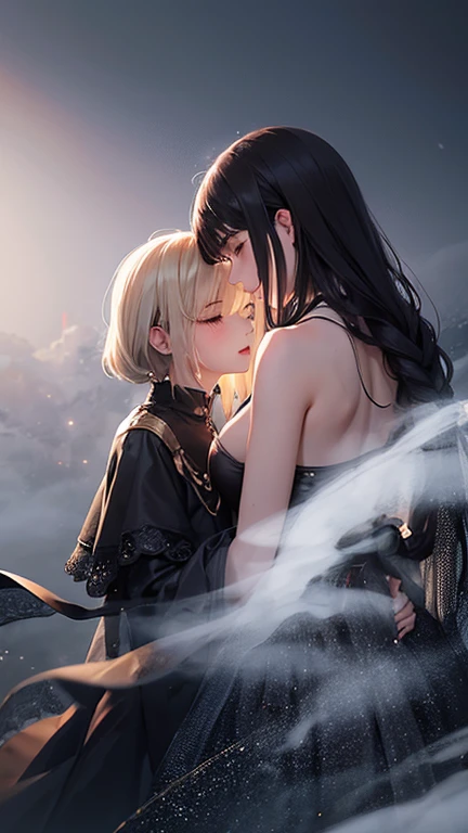 (Mysterious fog:1.5), (Thick Fog:1.2), iridescent, neon dust, shading effects, gradation magic effects, foggy filter effects, glitter effects, graphic CG digital art, Two young women kissing, A woman with long blonde hair and a woman with short black hair