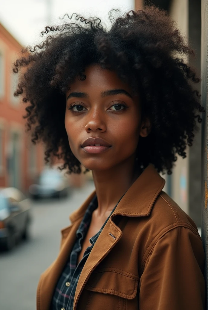 Create a young brown woman, social activist who lives in the periphery has curly hair , with black hair and an empowered woman
Who looks real