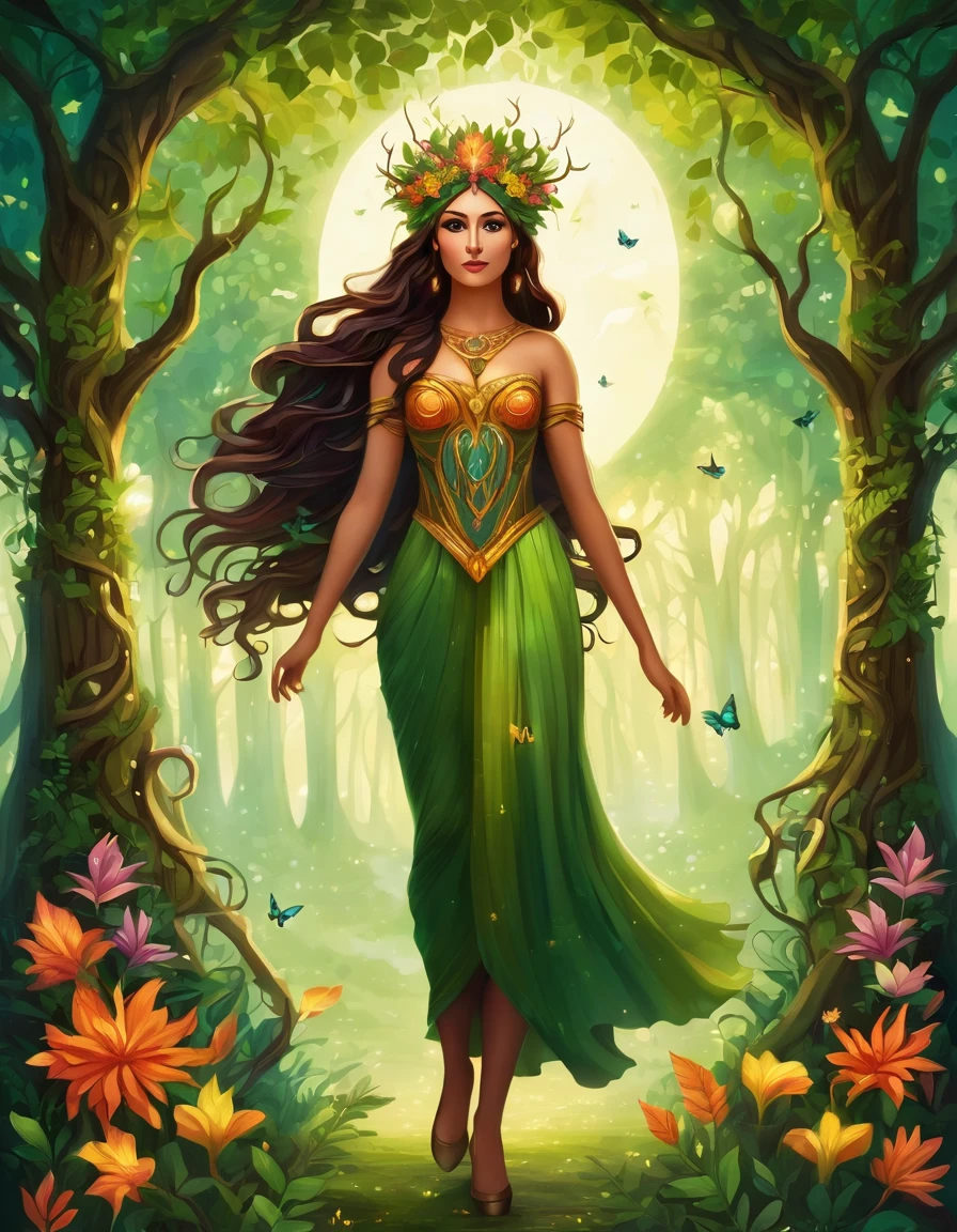 (Symmetrical:1.3), (cute cartoon style:1.3), (standing alone:1.3), comely (((Dryad within a tree))) She rises tall amidst a symphony of vibrant flora, (Adorned with intricate flowing vines and leaves), She radiates an aura of strength and grace, Her eyes reflect a deep connection with the natural world, Gentle breezes whisper through her verdant crown, She stands as a beacon of harmony, A guardian of the earth's precious ecosystems, ((moonlit)) forest clearing, ((fire flies)), (absurdists:1.5), More details