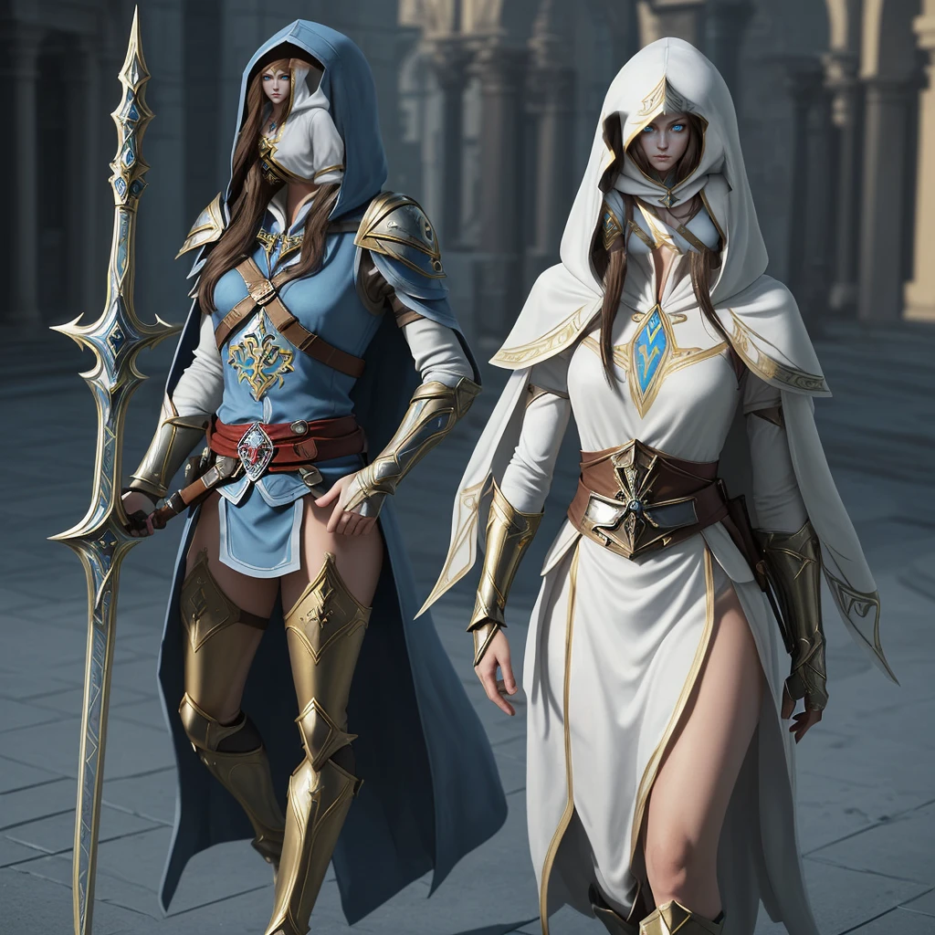 A full body shot of Princess Zelda, Brown hair, blue eyes, disguised as an Assassin from Assassin's Creed, in weiss+gold with a white mask and hood with gold details, XL bust, with a wrist blade. backdrop: A city in the Renaissance era. Unreal Engine 5, Anime-Series, Anime-Series style, ​masterpiece, well-drawn eyes, well drawn face, well detailed eyes, well detailed face, 8k, Light and shadow effect.  