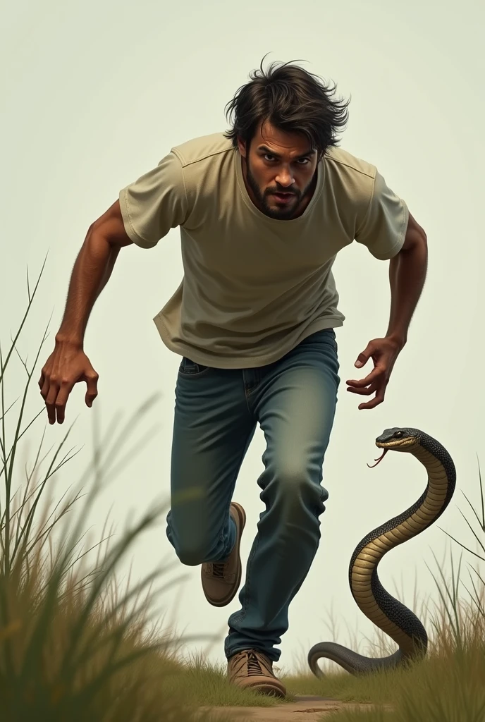 A weak man wearing a T-shirt and jeans chasing a snake
