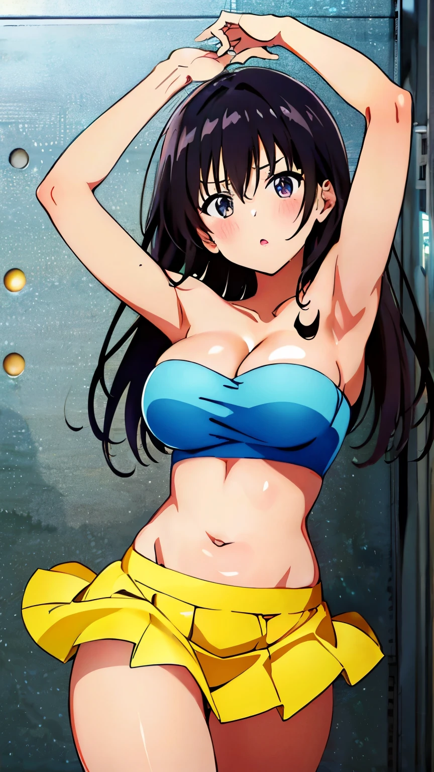 (masterpiece, Highest image quality, highest quality, 8k:1.3), (Anime Coloring:1.2), vivid color, Ultra-detailed, Yui, Black hair, Large medium breasts, (tube top, cleavage, underbust, purple tube top, strapless, belly button, midriff, mini skirt, bare shoulders, detachable sleeves, white knee socks, Dancing, blush), Standing, embarrassing, Dynamic angle, looking at the viewer, cowboy shot,