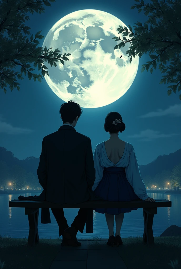 (((Back view of a man and a woman sitting on a bench:1.5)))、Highest quality、masterpiece、Takuboku Ishikawa、I hate the moon、Meiji period of Japan、Wabi-sabi art、Beautiful landscape painting、night、Night Time、(((Two people sitting on a bench in a park at night:1.2、Two people sitting on a bench)))、(((Back view of man and woman、Two people standing close together)))、Back view、Beautiful Back view、Back view、dark、full moonのnight、full moon、Night bench、Meiji era costumes、Taisho Romance、Back view of two people、Long Shot、Full body angle、Dark lighting、moonlight、