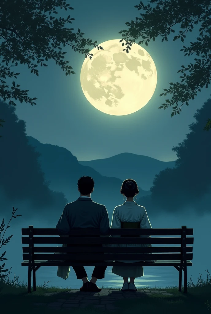 (((Back view of a man and a woman sitting on a bench:1.5)))、Highest quality、masterpiece、Takuboku Ishikawa、I hate the moon、Meiji period of Japan、Wabi-sabi art、Beautiful landscape painting、night、Night Time、(((Two people sitting on a bench in a park at night:1.2、Two people sitting on a bench)))、(((Back view of man and woman、Two people standing close together)))、Back view、Beautiful Back view、Back view、dark、full moonのnight、full moon、Night bench、Meiji era costumes、Taisho Romance、Back view of two people、Long Shot、Full body angle、Dark lighting、moonlight、