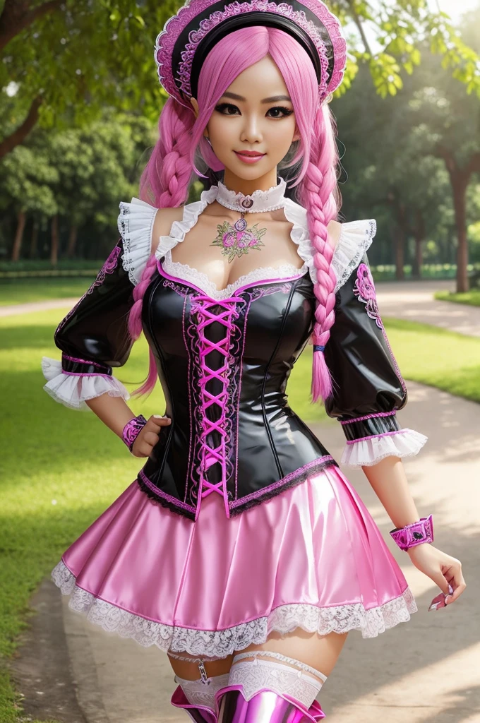 sexy stylish Thai model, only 1 female, long neon pink stylish hair, ((shiny Victorian-Style boots)), beautiful smile, ultra detailed eyes, vivid eye makeup, lipgloss, long lashes, defined eyebrows, ((sexy Paradise Kiss cosplay)), bell-shaped skirt, petticoats, high neckline, puffed sleeves, (( ultra detailed lace)), ((ultra detailed embroidery)), intricate details, Paradise Kiss accessoires and matching headpiece, choker, ((large sparkling Paradise Kiss jewelry)), cinematic light, detailed large park background with trees