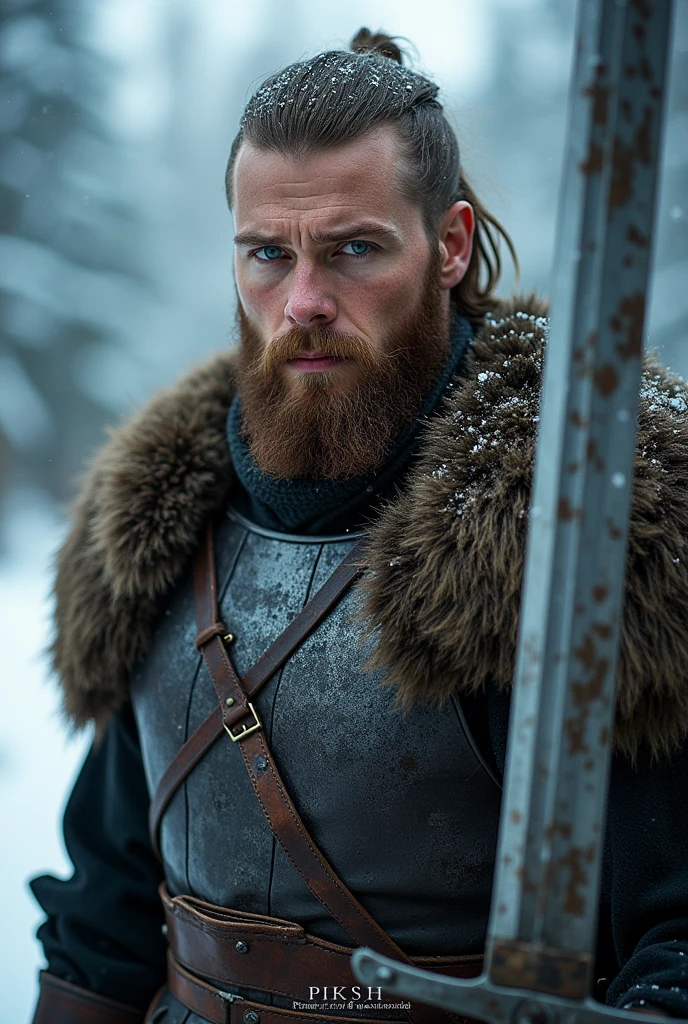a young viking warrior, highly detailed portrait, beautiful intricate armor, fur cape, striking facial features, piercing blue eyes, rugged and determined expression, holding a battle-worn sword, standing in a snowy landscape, dramatic lighting, cinematic composition, gritty and realistic, dark moody colors, chiaroscuro lighting, masterpiece