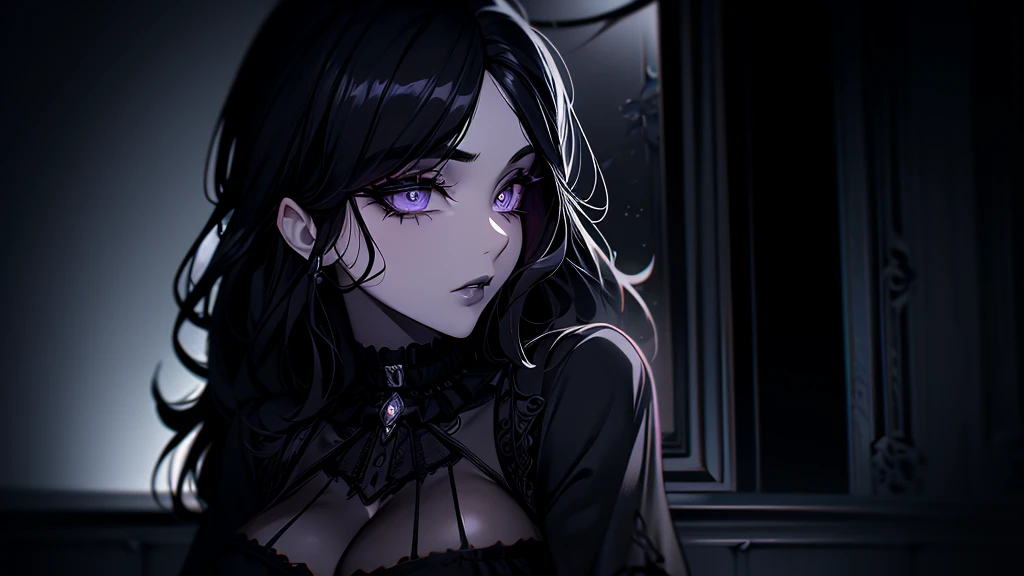 1girl, gothic attire, looking at the viewers, detailed facial features, beautiful detailed eyes, beautiful detailed lips, extremely detailed eyes and face, long eyelashes, dark eyeshadow, dark lipstick, choker, flowing black hair, dark dress, gothic architecture, moonlit night, moody lighting, dramatic shadows, cinematic composition, dark color palette, dramatic colors, dark and moody, digital painting, intricate details, masterpiece, high quality,