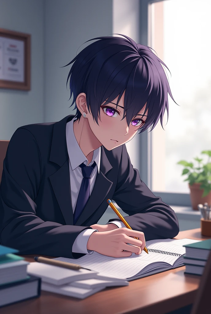 Un Jeune homme en uniforme scolaire, with purple eyes and dark black hair, J'was studying seriously.