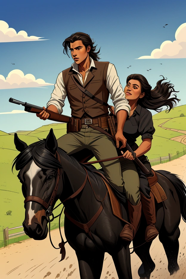 drawing of a young man riding a horse with a shotgun in his hand, his beloved on the back of the horse, closely followed by a black dog, this happens in a typical northeastern Brazilian scenario.