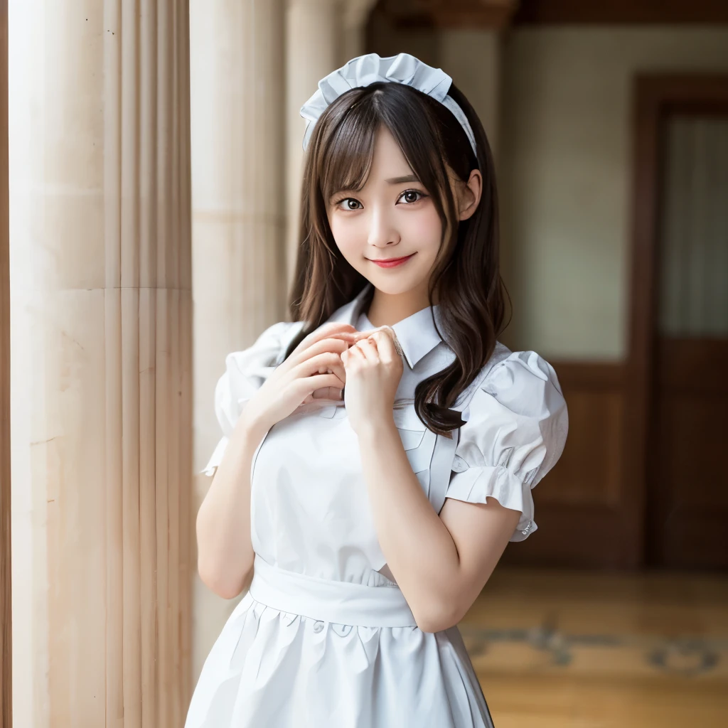 Detailed image of a young woman standing in a large hall lined with marble columns。She is short, Wavy Hair、With side fringe、Adorned with a white frilly headband and blue ribbon。Big blue eyes are kind、He looks a little sad、slight redness on the cheeks。クラシカルなMaid clothesを着ています.、Wearing a black puff sleeve dress、White apron with lace trim、Blue ribbon on neckline.。The apron is decorated with gold teardrops..、It is secured by a thin gold chain。She is holding down the skirt of her dress with one hand、Can be lifted slightly、The other hand is gently touching the ribbon on her chest..。In the background there is a blurred white decorative building.、soft, Indirect lighting creates a calm and elegant atmosphere..。((Maid clothes，smile))