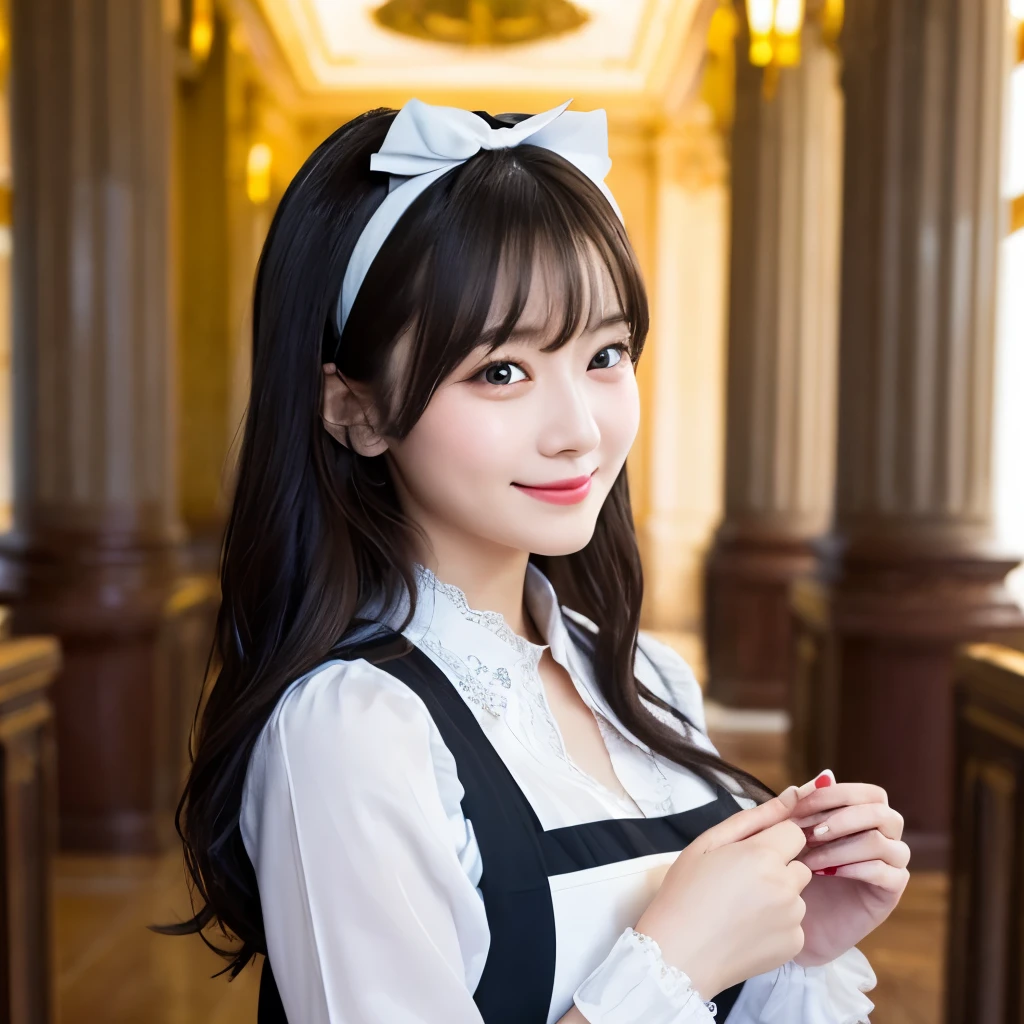 Detailed image of a young woman standing in a large hall lined with marble columns。She is short, Wavy Hair、With side fringe、Adorned with a white frilly headband and blue ribbon。Big blue eyes are kind、He looks a little sad、slight redness on the cheeks。クラシカルなMaid clothesを着ています.、Wearing a black puff sleeve dress、White apron with lace trim、Blue ribbon on neckline.。The apron is decorated with gold teardrops..、It is secured by a thin gold chain。She is holding down the skirt of her dress with one hand、Can be lifted slightly、The other hand is gently touching the ribbon on her chest..。In the background there is a blurred white decorative building.、soft, Indirect lighting creates a calm and elegant atmosphere..。((Maid clothes,smile))