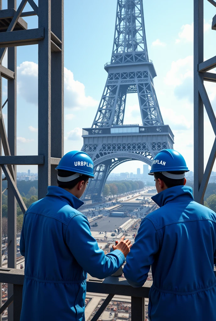 Create a realistic 4K image of the Eiffel Tower under construction. Workers should be using Personal Protective Equipment (epis) in blue color, with the name 'URBPLAN' written in white on the helmets. The scene should show the Eiffel Tower under construction., with visible metal structures and workers assembling the parts of the tower. The image should have predominant colors in shades of blue, highlighting the grandeur of the construction and the modern environment of the work