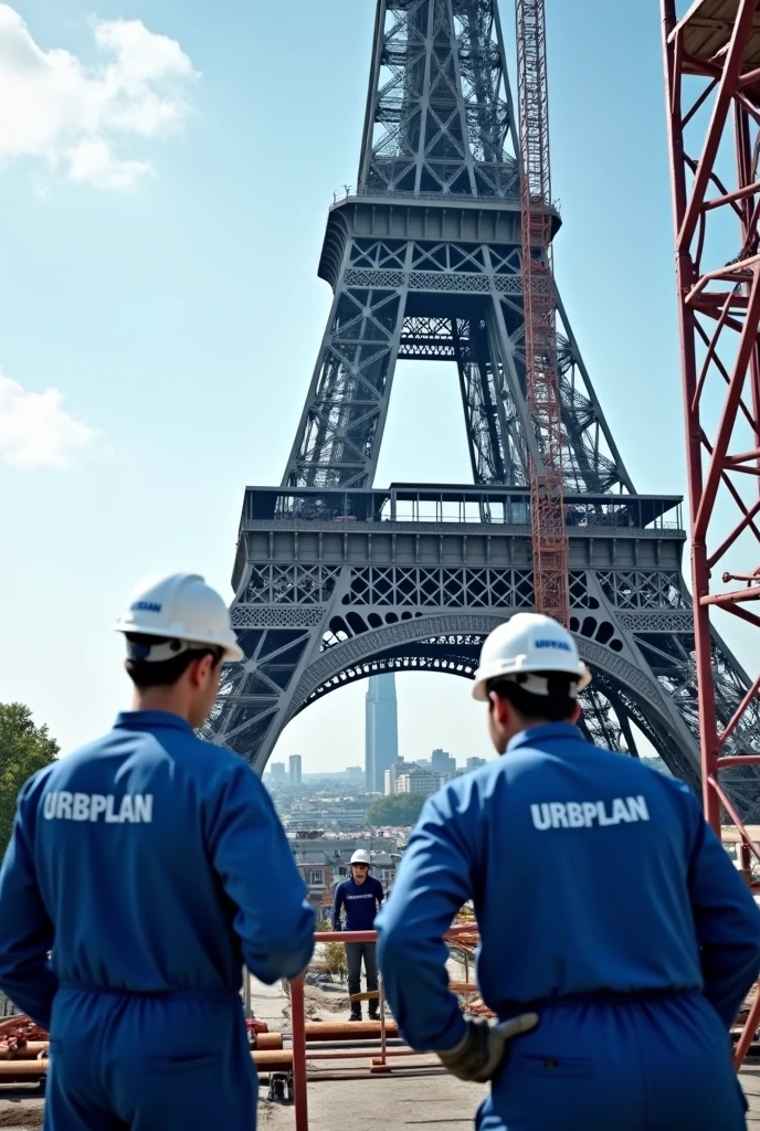 Create a realistic 4K image of the Eiffel Tower under construction. Workers should be using Personal Protective Equipment (epis) in blue color, with the name 'URBPLAN' written in white on the helmets. The scene should show the Eiffel Tower under construction., with visible metal structures and workers assembling the parts of the tower. The image should have predominant colors in shades of blue, highlighting the grandeur of the construction and the modern environment of the work