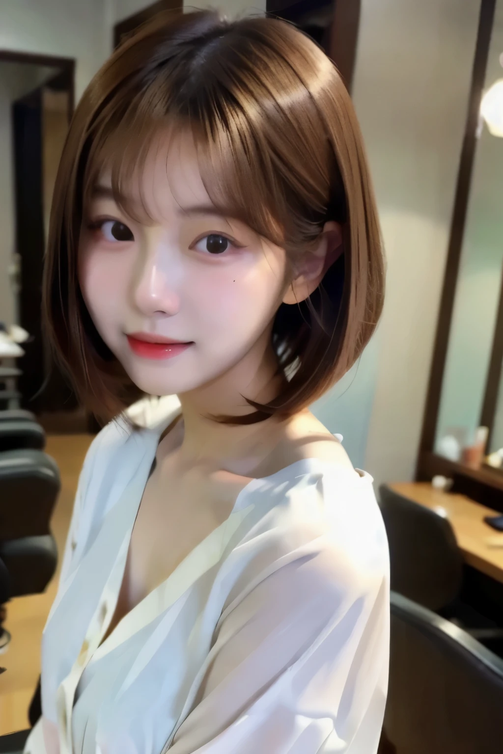 Brown haired woman wearing a white blouse, Popular Korean makeup, Popular Korean makeup, Young and adorable Korean face, Ulzzang, Beautiful Korean Women, Shirahime cut hairstyle, Korean, A lovely and delicate face, Beautiful young Korean woman, Young and pretty Asian face, Gorgeous Young Korean Woman, 8K Selfie, Short Hair, ワン愛らしいKorean顔