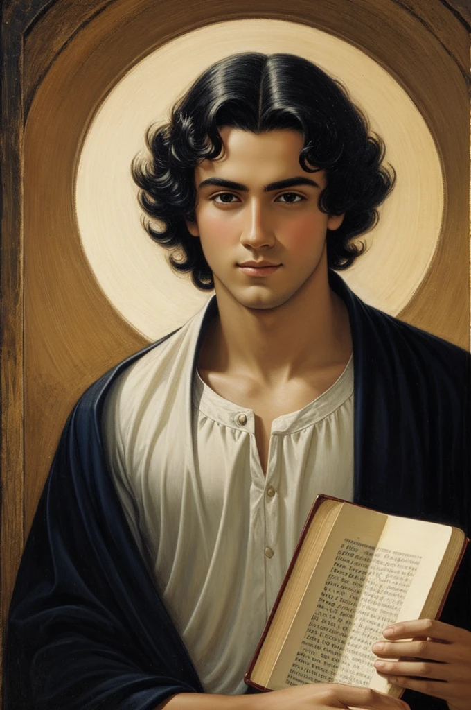 A young man with black hair and white skin. Handsome in European style, holding a book, eyes looking at the Sun. Classical painting