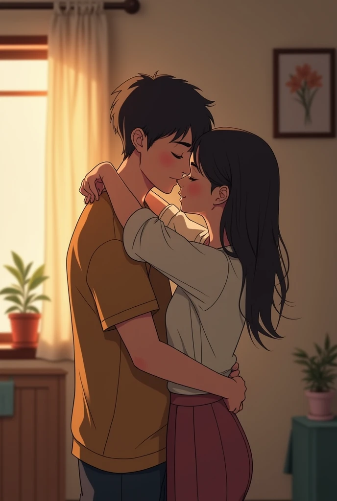 A young couple cuddles in a modest room,，The backdrop is simple furniture and warm lighting.，expressing their deep affection for each other and their uncomplaining acceptance of poverty.。
