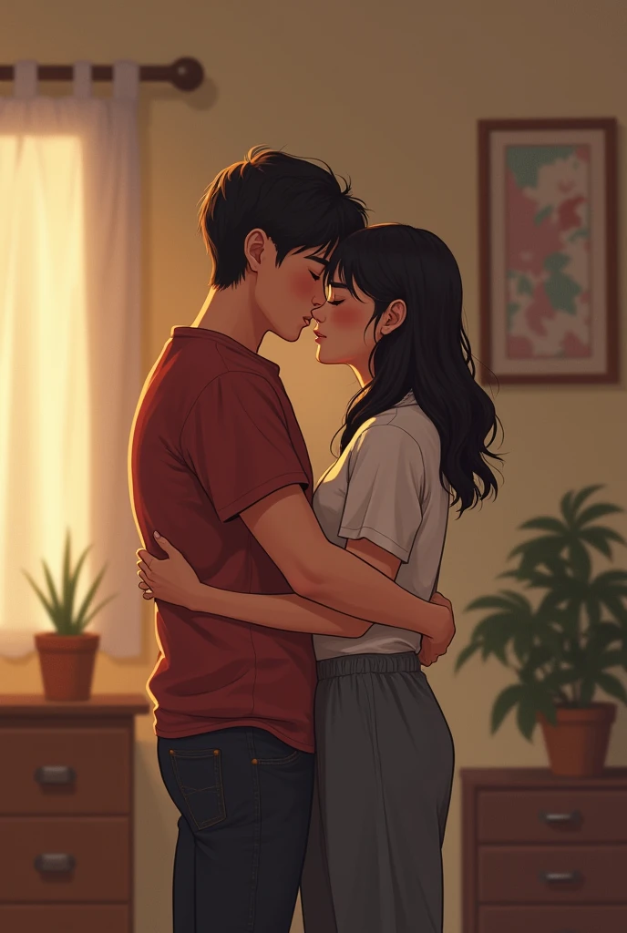 A young couple cuddles in a modest room,，The backdrop is simple furniture and warm lighting.，expressing their deep affection for each other and their uncomplaining acceptance of poverty.。