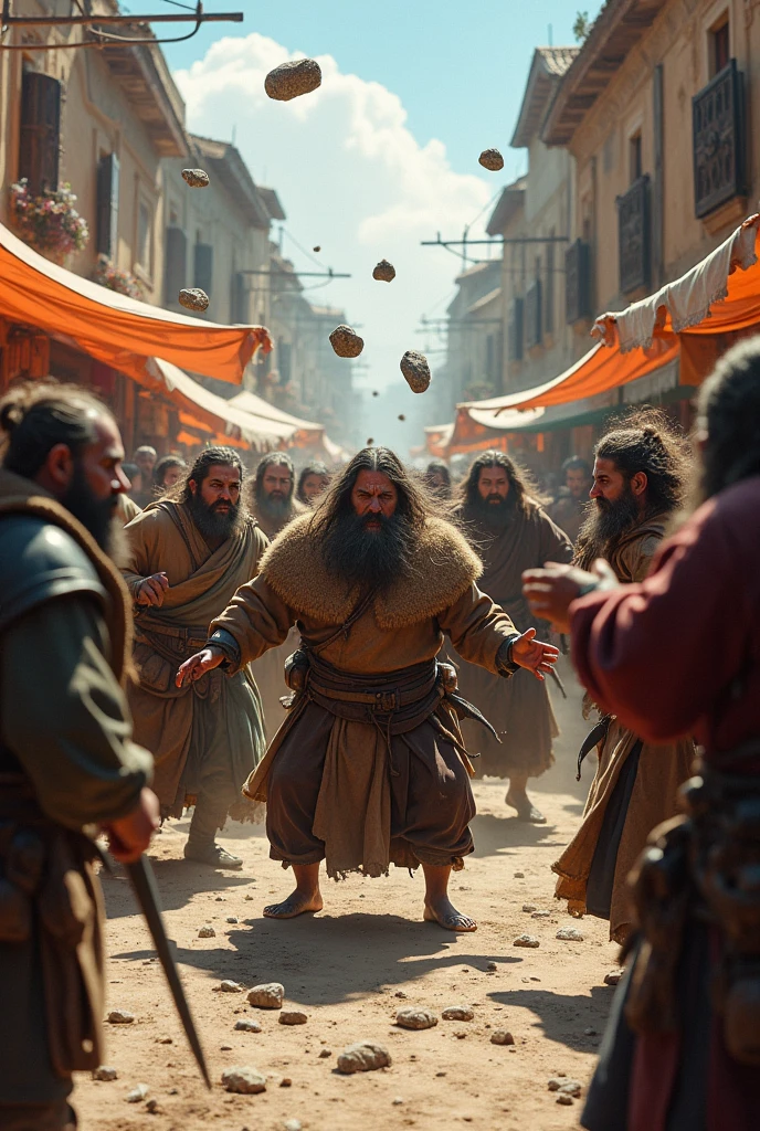 a group of medievel market guy throwing rocks