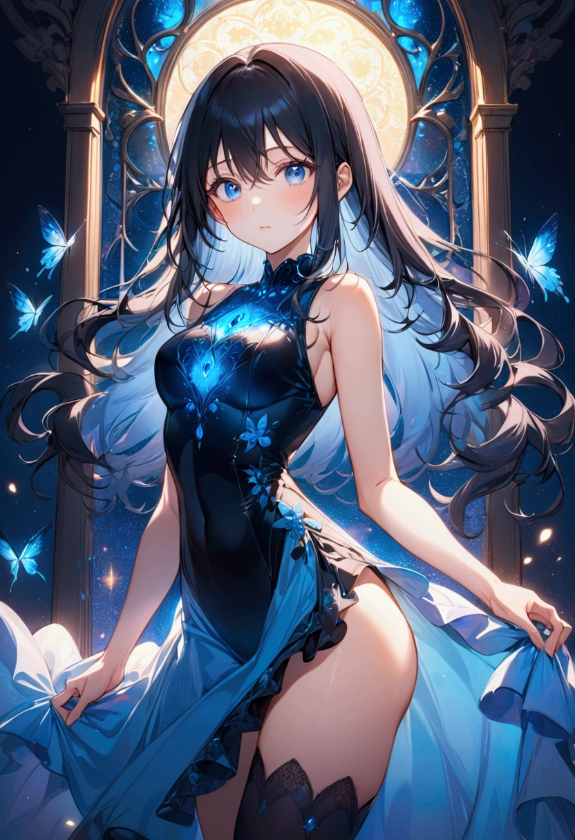 Anime girl with long black hair with blue highlights ,blue eyes,perfect body,sleeveless one-piece dress, detailed body, detailed eyes, masterpiece, best quality, aesthetic, standard pose