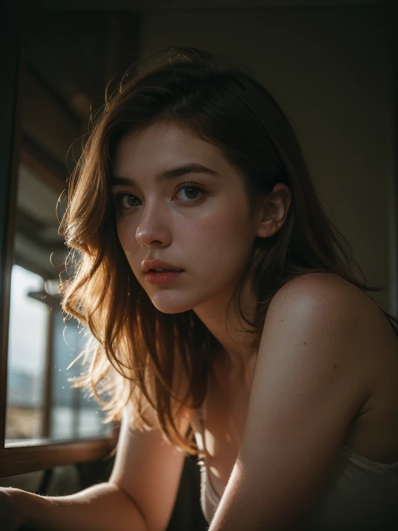 A European girl with Blonde medium wavy hair, With a girl、24 years old、, (See through:1.3), (Genuine:1.4), (medium shot), cinematic night scene, (best quality, masterpiece:1.2), ultra-detailed, (realistic, photo-realistic:1.37), dramatic lighting, moody atmosphere, mysterious shadows, dramatic shadows, dramatic lighting, dramatic pose, intense focus, intricate details, volumetric lighting, cinematic angle, cinematic framing, lingerie, sexy, (from below, male pov), photorealistic, chiaroscuro, 4k, 8k, highres, epiC35mm