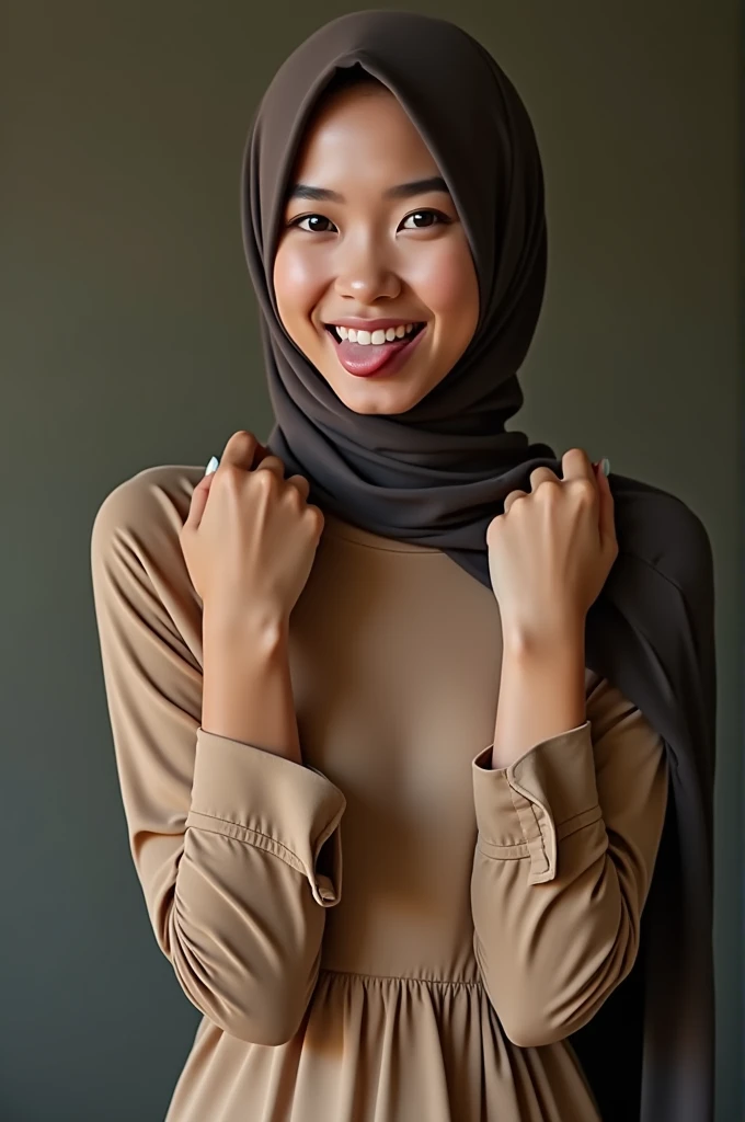 sexy malay girl only wearing hijab without shirt raise her two armpit with tounge out of her mouth