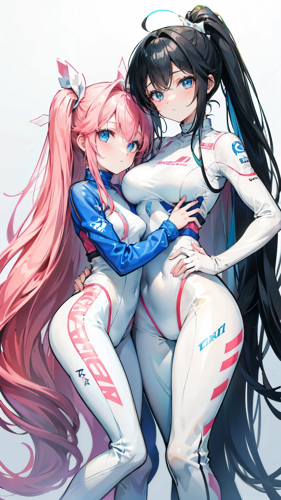 The two girls leaned together,One long hair and one double ponytail,White skinny racing suit,blush,beautiful eyes