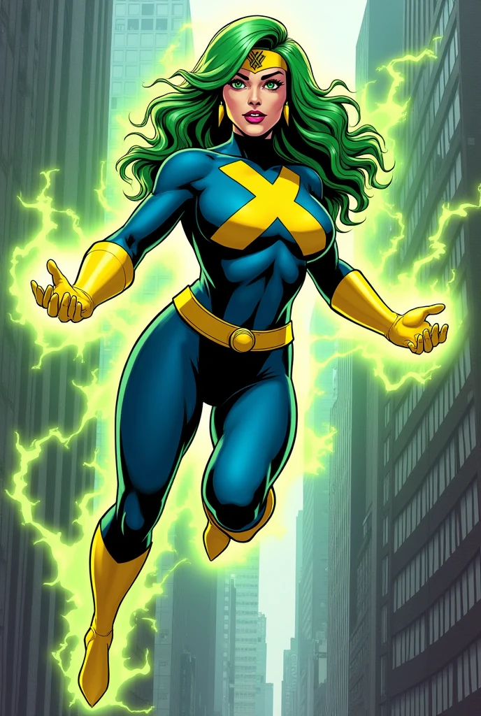 Lorna Dane, polaris x-men, (green thick wavy long hair:1.4), (busty breast:1.4), wearing a blue costume, big yellow "x" in the chest, with yellow xmen belt, yellow glowes, yellow boots, flying in New York city, (profile side:1.4), (she's using her green power:1.3), (comic style:1.4)