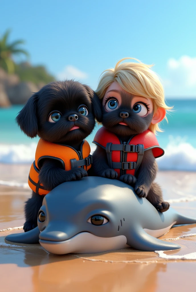 cute adorable 2 black shih tzu puppies, cute blonde girl, extremely detailed, big blue eyes, wearing colorful collar and life jacket, sitting on dolphin, 3D Pixar style, at beach, photorealistic, (best quality,8k,highres,masterpiece:1.2),ultra-detailed,(realistic:1.37),HDR,vivid colors,studio lighting