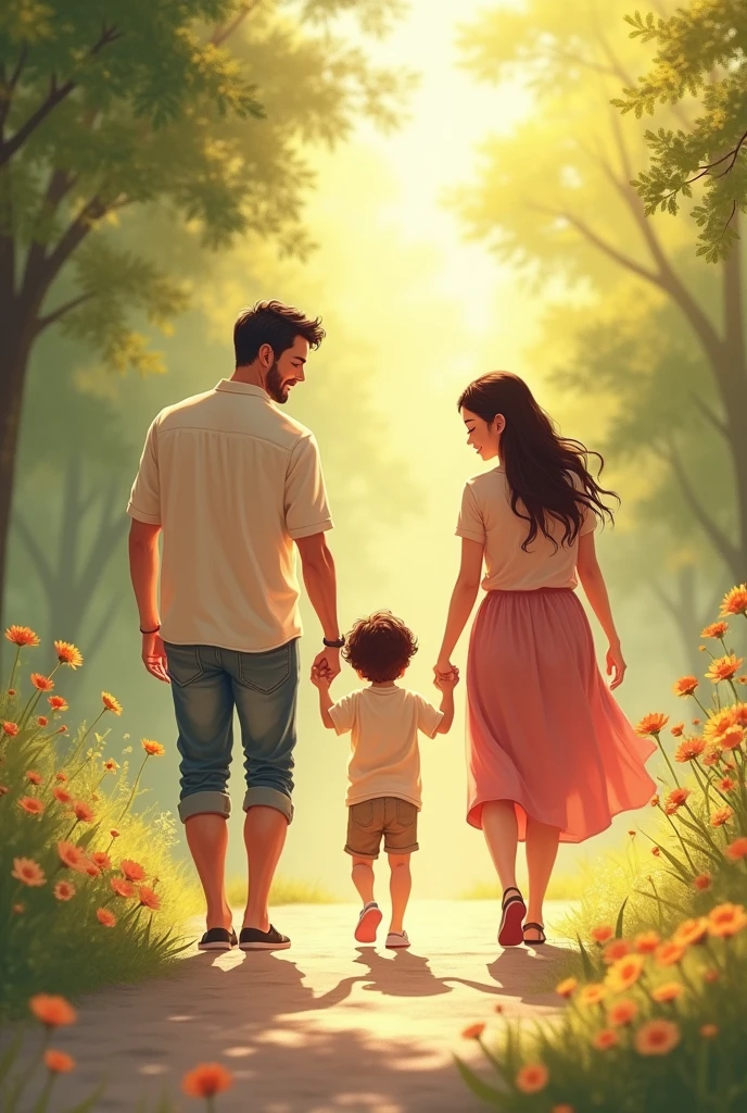 Create an image where father and mother holding hands of son and daughter