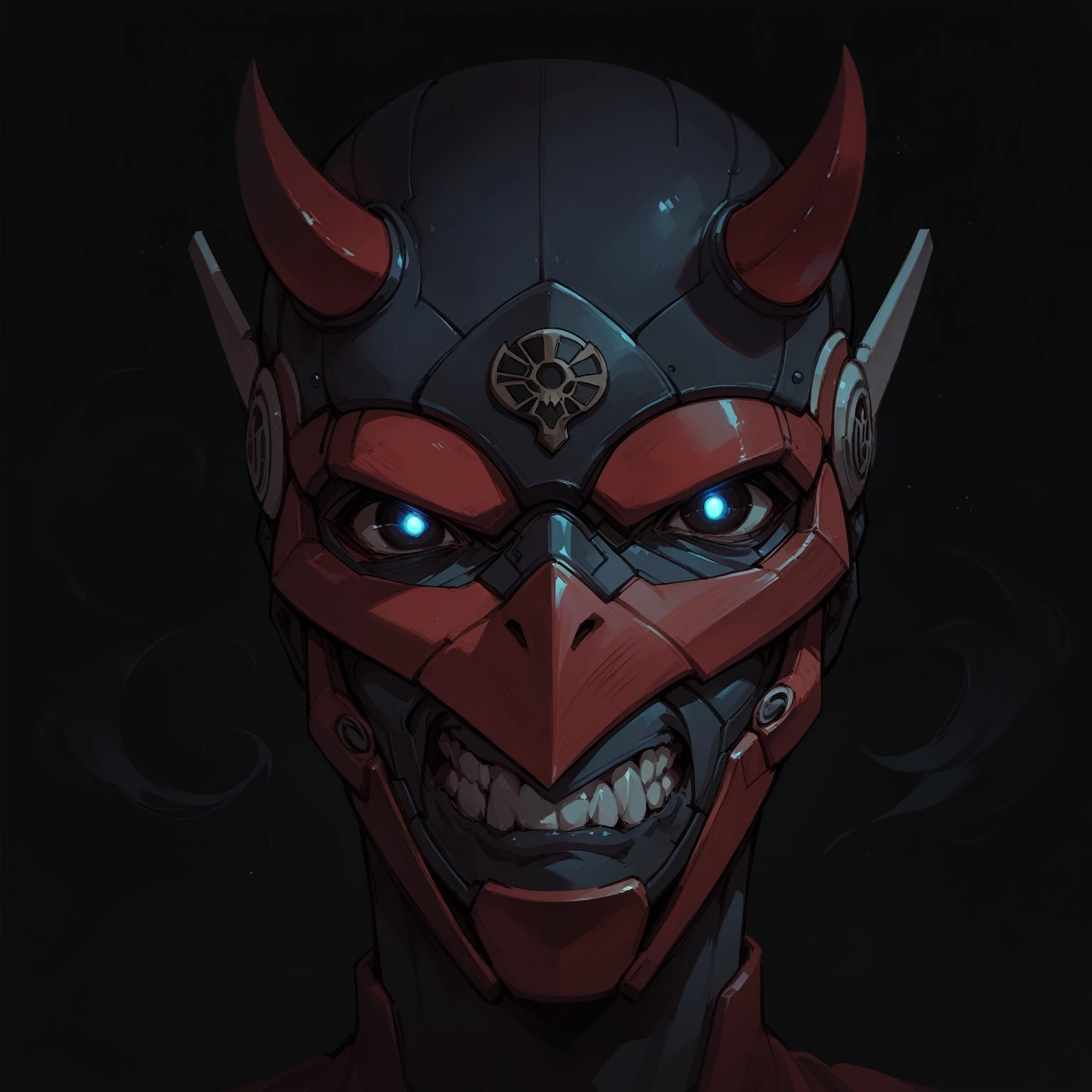 Anime Style,Mechanical Hannya Mask,A woman wearing a Hannya mask,Glowing Eyes、Iron Man Mask,Mask covering the mouth,Sharp fang design