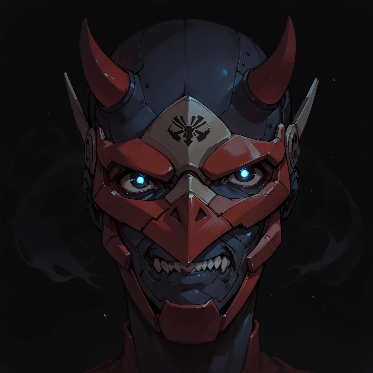 Anime Style,Mechanical Hannya Mask,A woman wearing a Hannya mask,Glowing Eyes、Iron Man Mask,Mask covering the mouth,Sharp fang design