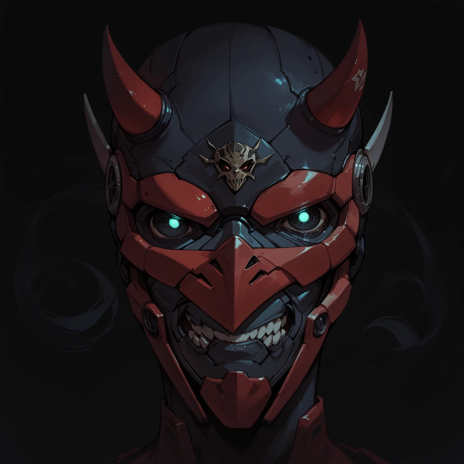 Anime Style,Mechanical Hannya Mask,A woman wearing a Hannya mask,Glowing Eyes、Iron Man Mask,Mask covering the mouth,Sharp fang design